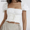 2023 Sexy Corset White Ruched Chest Square Collar Short Puff Sleeve Shirt Women Cross Lacing up Bandage Waist Bodycon Crop Tops