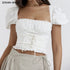 2023 Sexy Corset White Ruched Chest Square Collar Short Puff Sleeve Shirt Women Cross Lacing up Bandage Waist Bodycon Crop Tops