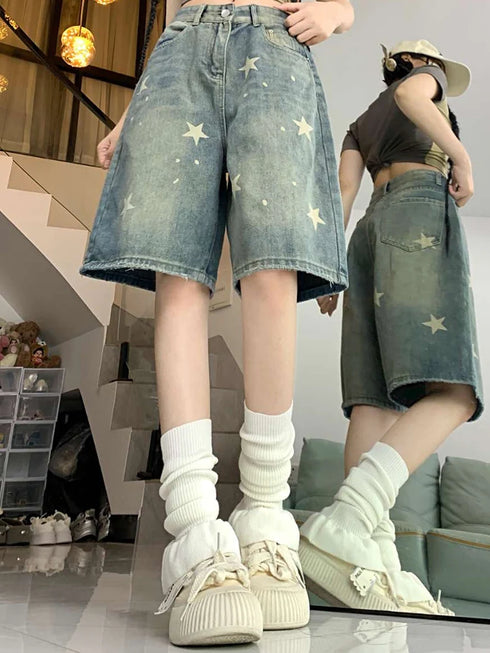 High Waist American Retro Wide Leg Denim Shorts