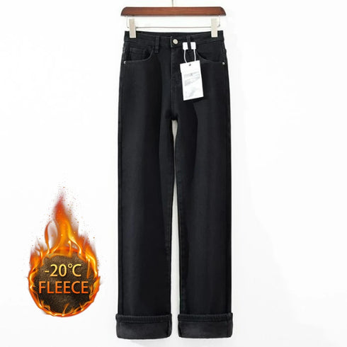 High Waist Fleece Lined Straight Jeans for Women