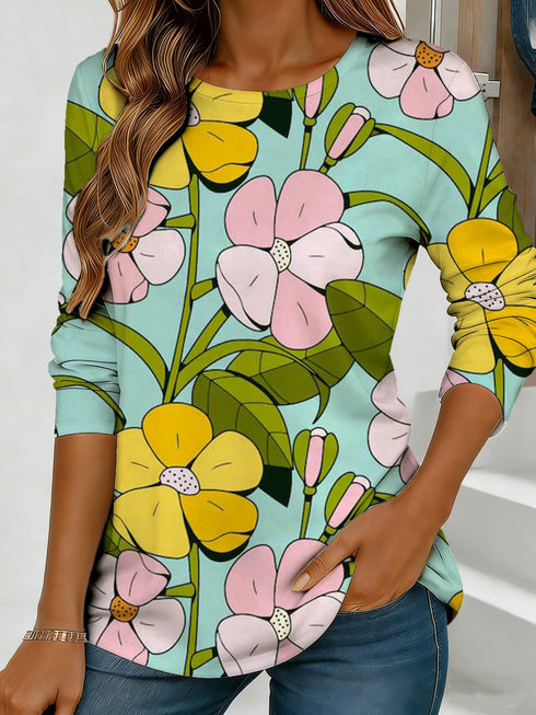 Women's blue floral watercolor print long-sleeved loose-fitting round neck top, casual, everyday, stylish and elegant.