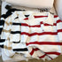 Striped Pattern Collared Short Sleeve Knit Top