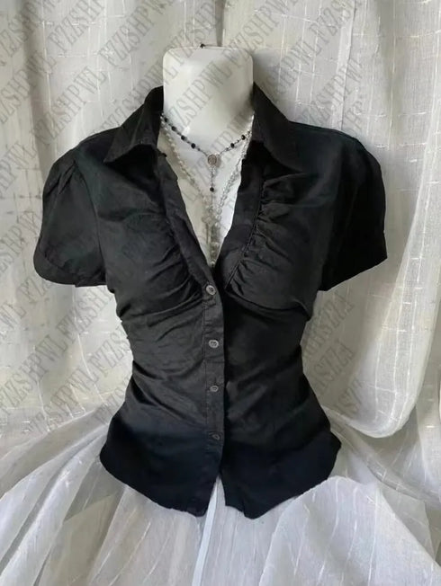 Y2K Slim Fit V-Neck Short Sleeve Top in Black