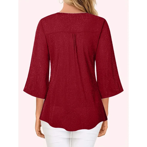 Plus Size V-Neck Casual Ruffle Edge 3/4 Sleeve Top