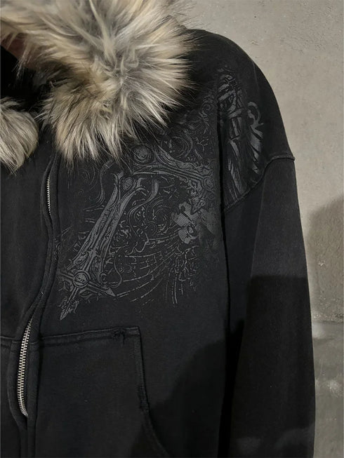 Y2K Aesthetic Faux Fur Collar Zip-Up Hoodie