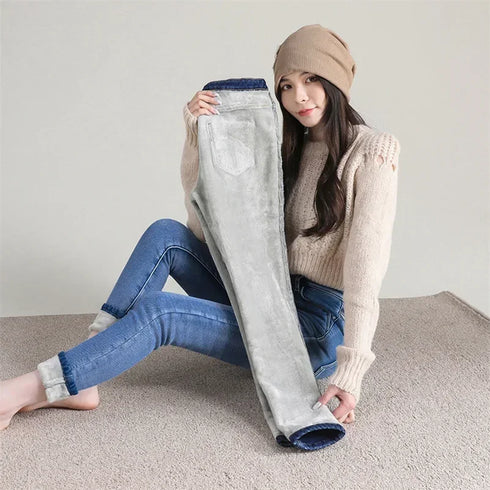 High Waist Thermal Jeans for Women - Warm Plush Denim
