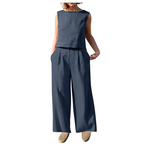 Women's Cotton Linen Sleeveless Top and Wide Leg Pants Set
