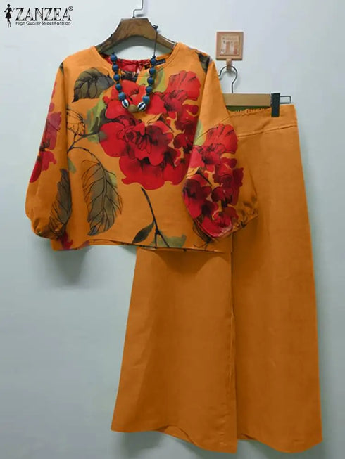 ZANZEA Autumn Floral Printed Blouse and Wide Leg Trousers Set