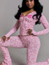 Casual Leopard Print Zip-Up Top and Trousers Set