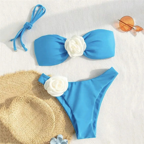 Sexy Flower Bandeau Swimwear Thong Bikini Women Lace-up Set