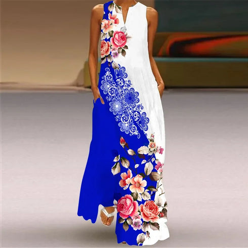 Fresh Floral Print Summer Open Neck Long Dress V-neck Sleeveless Beach Dress with Pockets