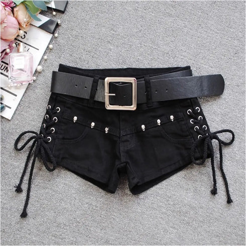 Low Rise Denim Shorts with Lace-Up Detail