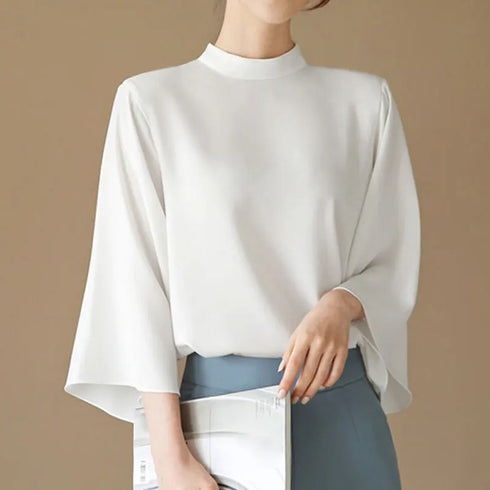 VONDA Women Fashion Blouse 2024 Elegant Autumn Tunic Tops Casual Stand Collar 3/4 Flare Sleeve Office Shirts Oversized Blusas