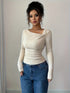 Elegant Asymmetrical Long Sleeve Pleated T-Shirt in Beige