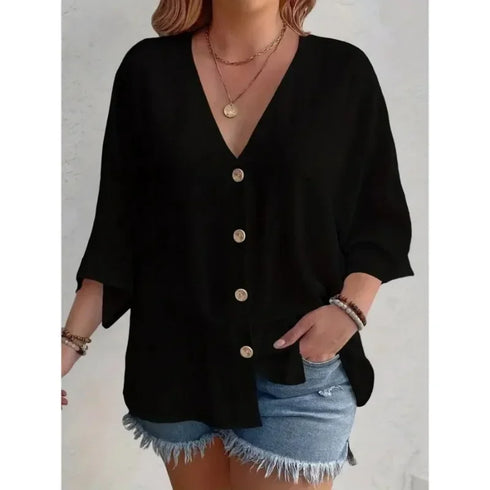 Women's Plus-size T-shirt Solid Color Breathable Spring/summer V-neck Button Travel Casual Wear with European and American Style