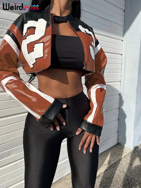 Weird Puss Faux Leather Varsity Jacket for Women