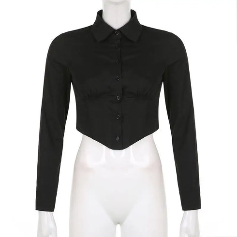 Zadily Long Sleeve Button-Up Crop Top in Black