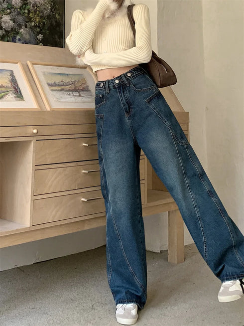 Women's High Waist Wide Leg Denim Jeans in Navy