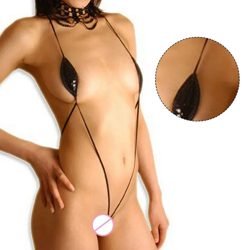 Slight Stretch Thong Bikini Set in PU Patent Leather