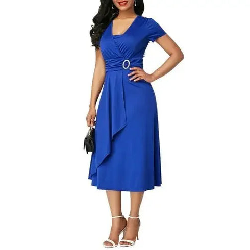 Elegant V Neck Midi Dress with Asymmetric Hem
