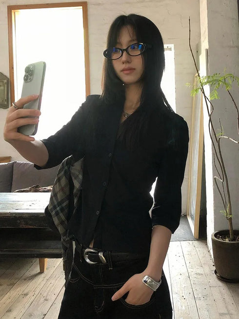 Genayooa Vintage Casual Black Shirt for Women
