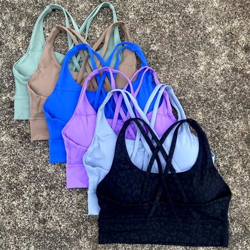 Solid Colour Cross Back Sports Bra with Multiple Straps