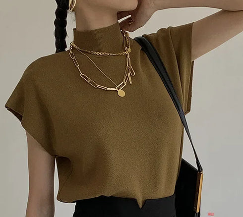 Solid Stand-up Collar Knitted Blouse Vest