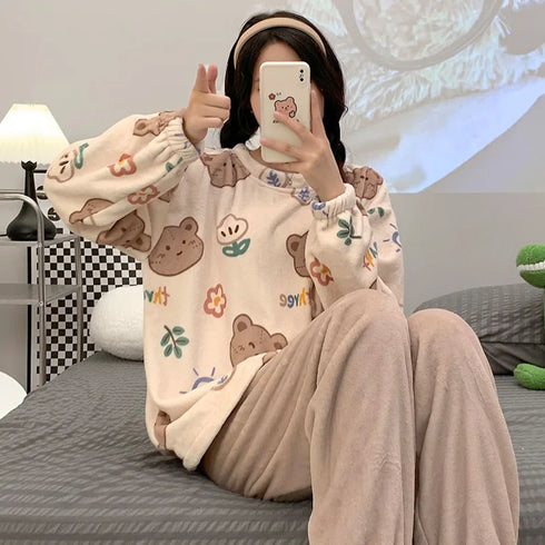 Flannel Warm Pyjamas Set for Women's Plus Size Loungewear
