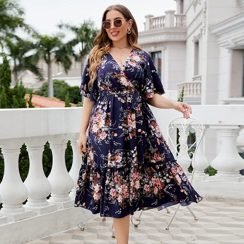 Plus Size V-Neck Navy Blue Floral Dress for Women