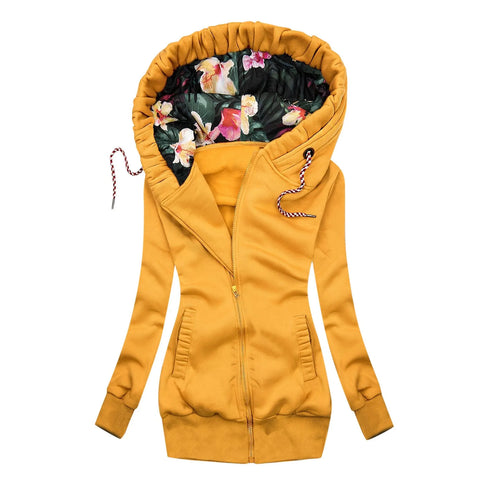Floral Print Hooded Zipper Jacket in Plus Size