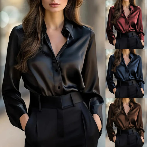 Elegant Satin Long Sleeve Blouse for Women Button-Up Collar Shirt Perfect for Casual or Professional Wear