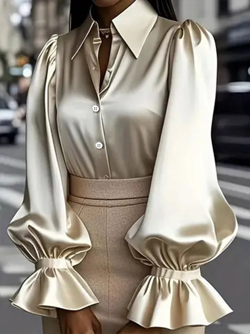 Elegant Satin Blouse with Ruffled Cuff Sleeves