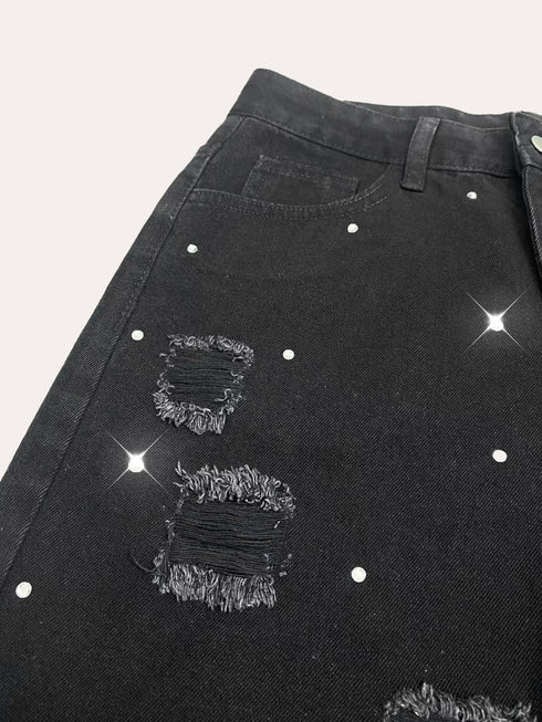 Women's Black Denim Shorts with Distressed Detail