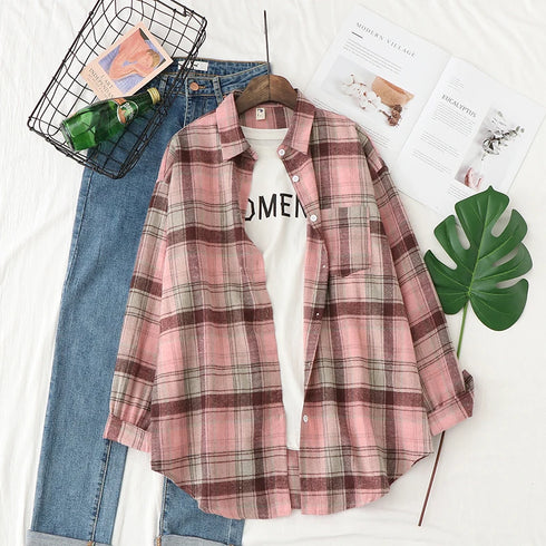 Plaid Flannel Shirt for Women - Casual Long Sleeve Top