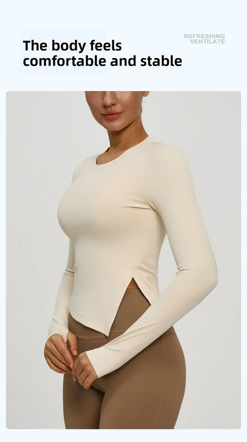 Long Sleeve O-Neck Yoga Top in Solid Colours