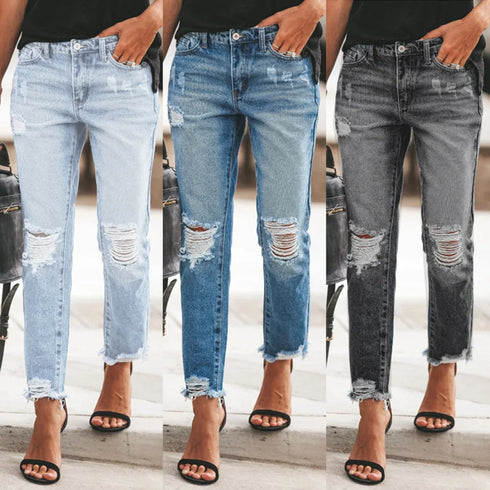 Women's High-Waisted Slim Fit Ripped Jeans