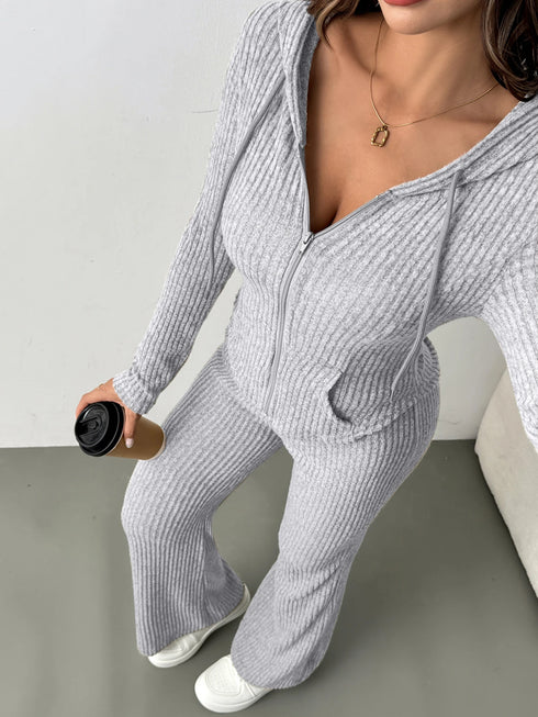 Sporty Hooded Jacket and Knitted Trousers Set