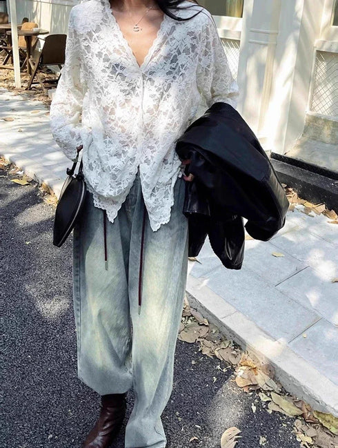 Vintage Summer Lace Blouses Women See Through Sheer Long Sleeve Sun Shirts Korean Style Casual Sun Protection Sexy Ladies Tops