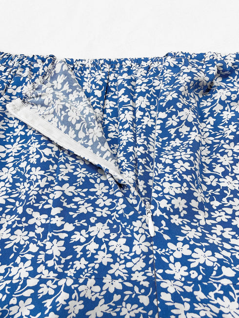 Women's Boho Ditsy Floral Print Ruched Split Thigh Midi Dress with Puff Sleeves and Square Neck for Summer and Vacation