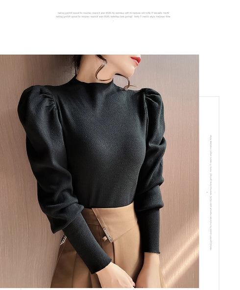 Slim Fit Turtleneck Sweater with Puff Sleeves