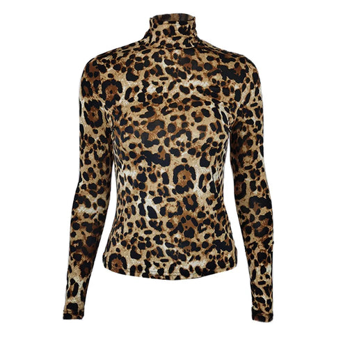 Women's Long-Sleeved Leopard Print Turtleneck Top