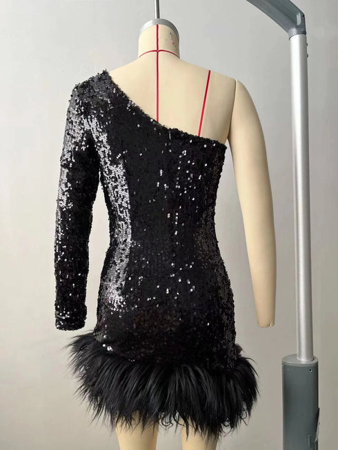 Open-Back Sequined Mini Dress with Feather Detail