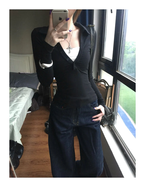 Genayooa Retro Y2K Long Sleeve Black T-shirt for Women