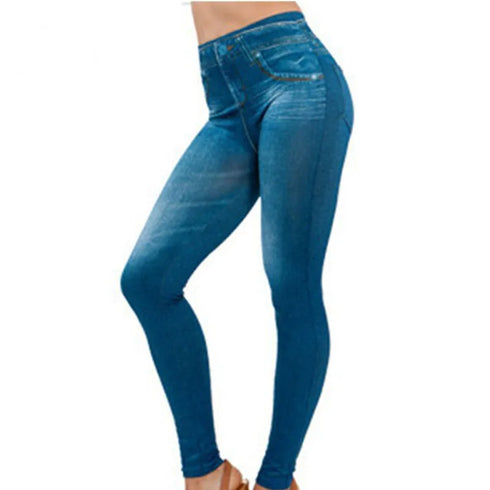Women's Denim Print Slim Leggings in Black and Blue