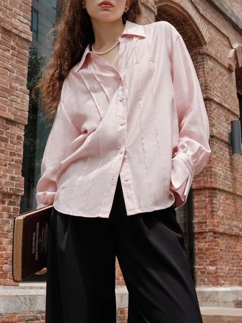 Women's Long Sleeve V-Neck Striped Blouse in Pink