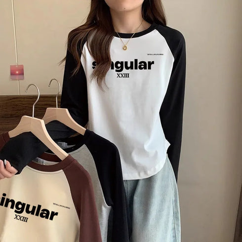 Retro One-Shoulder Long Sleeve Letter Print T-Shirt
