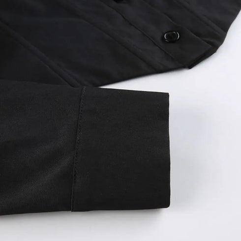 Zadily Long Sleeve Button-Up Crop Top in Black