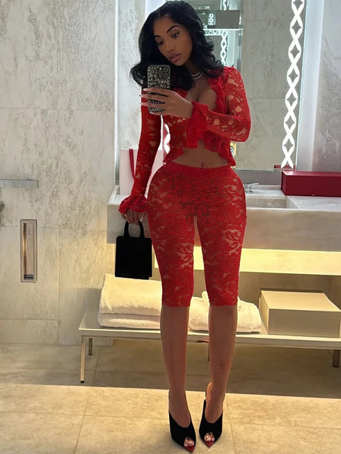 Black Jacquard Co-ord Set with Ruffled Crop Top & Shorts