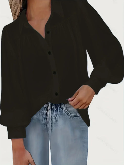 Plus Size Women’s Button-Up Blouse with Lantern Sleeves
