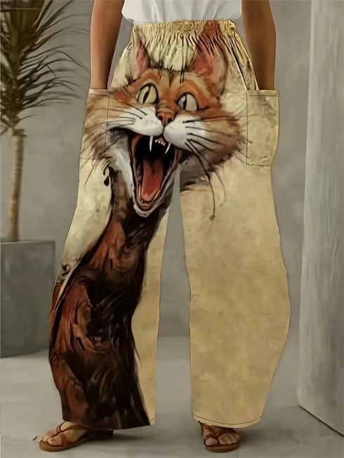 Women's Cartoon Cat Loose Wide-Leg Pants